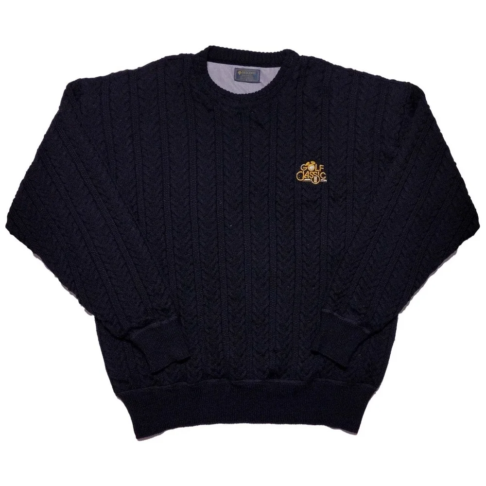 Vintage DESCENTE Walt Disney World Golf Classic Cable Knit Wool Sweater Black XL